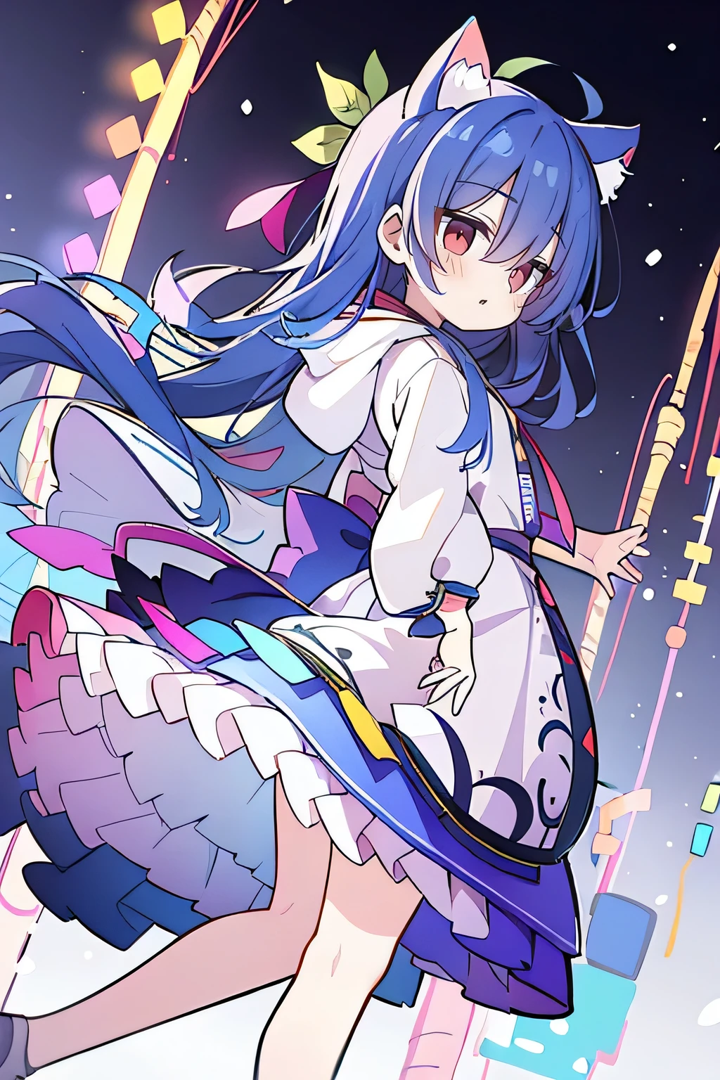 (masterpiece:1.2),Super detailed,lifelike,Expressive eyes,fair skin,perfect face shape,1 girl,
Japanese comics,Gorgeous blue hair,flowing blue hair,flowing clothes,Cat ears,Petals fall,beautiful lola,Baby Angel,
Shaking head with one hand,Cross your legs,Gentle and peaceful background,The pavilion is cool and comfortable,smile, wearing hoodie, background of tokyo,back views,snowing, winter.