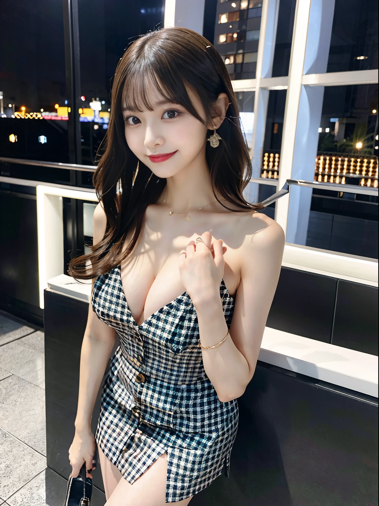 (Very short hairstyle)、Brown eyes、Big Eyes、night、night景、Black business suit、Checkered short skirt、beauty secretary、(Very large breasts、Very thin and long legs、Perfect figure、High heels、whole body、Big smile)、1 female、No makeup、、(masterpiece、8K,RAW Photos、High resolution:1.4)