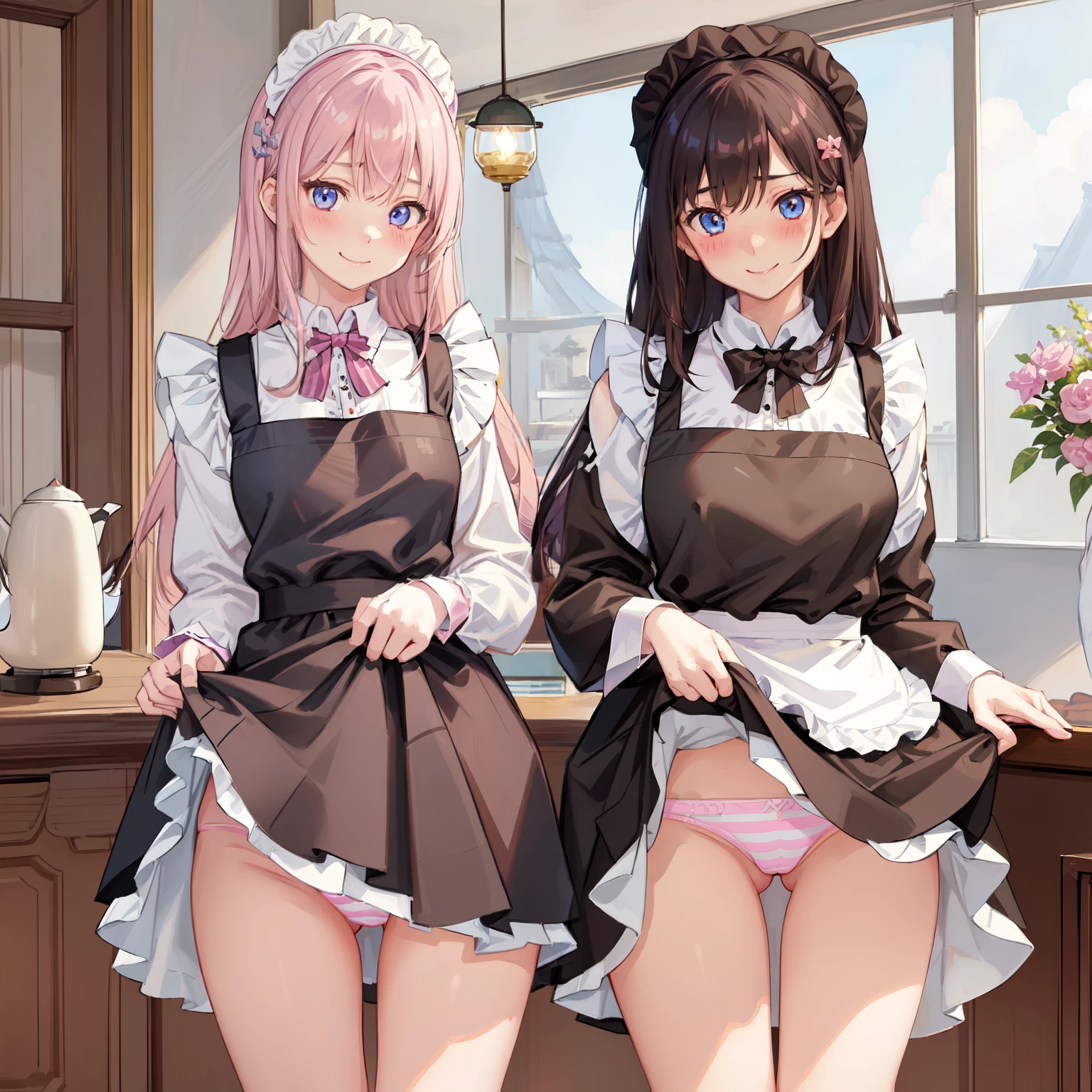 highest quality、masterpiece、((2 girls:1.5))、((smile:1.3))、(blush:1.3)、Black Shirt、blouse、((fun!!))、(Small breasts)、()、Blonde、(Long sleeve)、((White apron:1.5))、((Maid))、((hair ornaments)),、Kamimei、look at me、 ((in house:1.5))、 Taking a break from watching the audience、Cowboy Shot、(Skirt lift:1.3),(Highly detailed pink striped panties:1.3)、(Highly detailed panties:1.3)、、(スカート that rolls up:1.3)、(Panties fully exposed:1.5)、Light blue eyes、long hair、Glowing Eyes