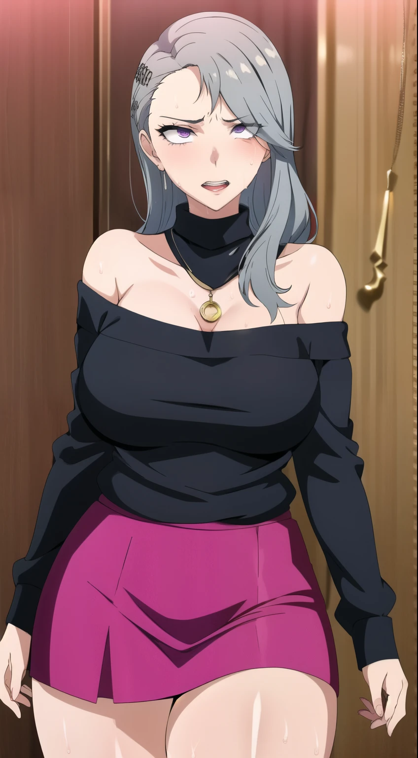 masterpiece, 1 girl, alone, Shortcuts, , Niijima Sae (persona 5)、Big Breasts, Mature Woman, Glare,Sharp eyes, Silver Hair、Lilac eyes, Empty Eyes LoRA / utsurome / Hypnotic suggestion,White off-shoulder sweater,Pink tight skirt, Pose standing thigh sex,Thick thighs, Hypnotic Pendulum,Hypnotic state, Hypnotic Pendulum / Coins on a string / saimin,,Hypnotic stateの目,squint,Teeth grinding,Showing teeth,Sweaty,Stuffy stuffiness,全身Sweaty,White off-shoulder sweater,I can see the valley