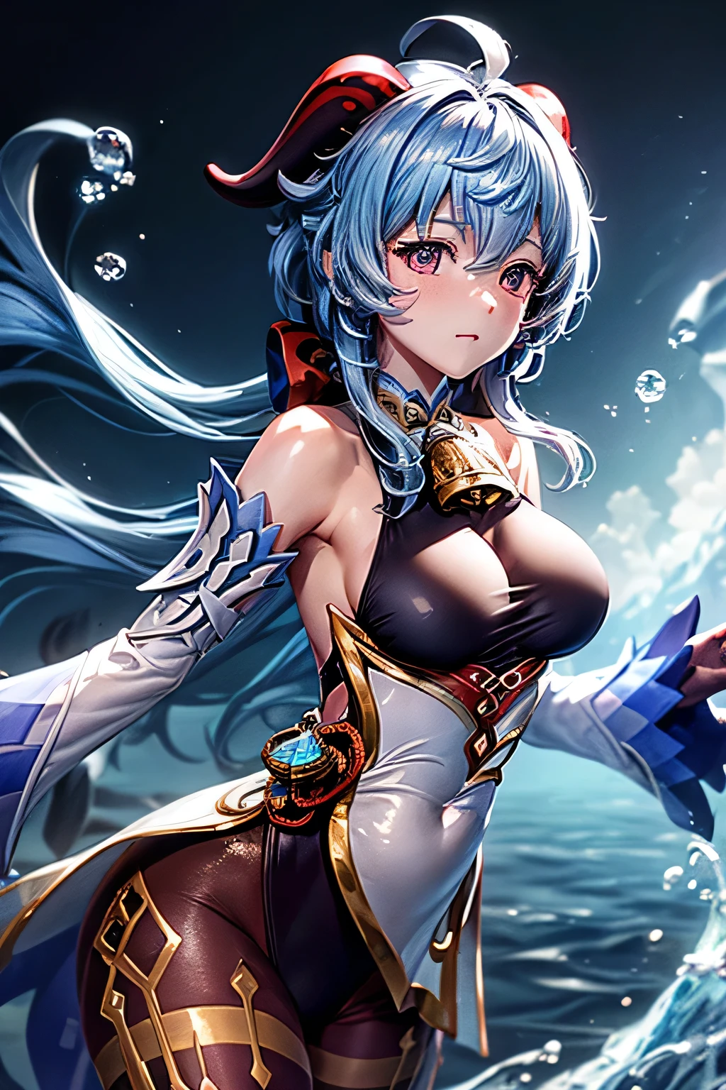 ((ganyudef)):1.5,((masterpiece,highest quality,Highly detailed images,Beautiful images))1.4(Image of ganyu with arms outstretched、Huge underwater ruins in the background、In the sea、Air bubbles、Overall dim lighting、Backlight、A fantastic atmosphere、Dust flutters)1.3,(Close-up image of ganyu)1.1、(Emphasize the chest、Great cleavage、Exposed lateral breasts):1.2