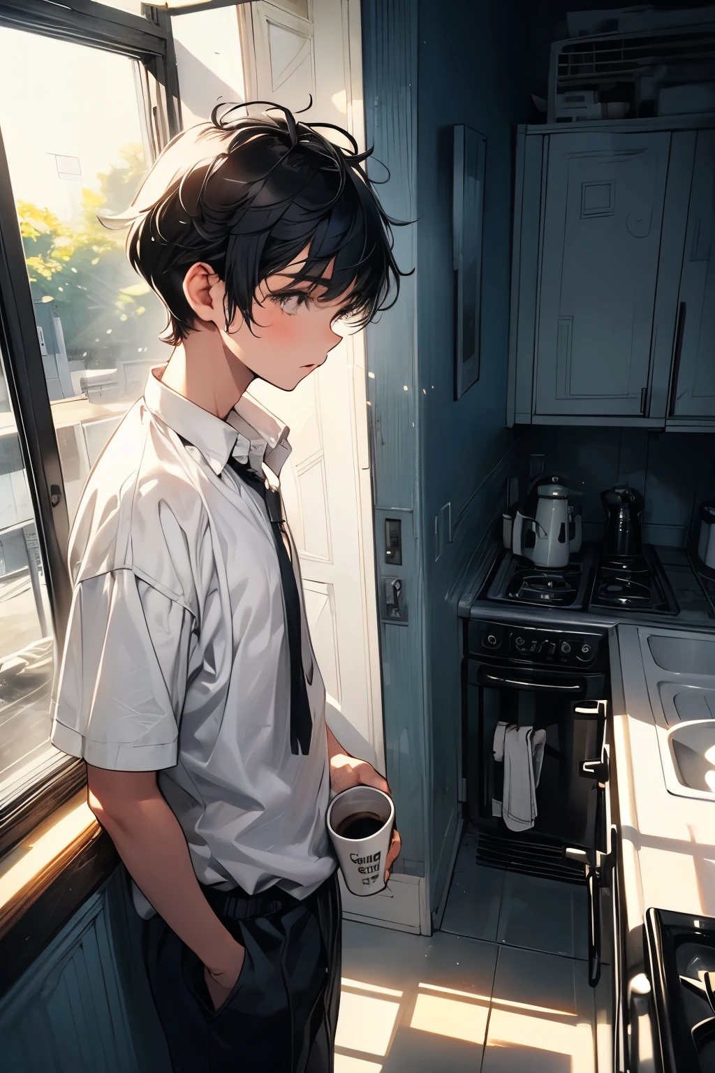 1boy,solo,cool,black hair and short hair,standing,kitchen,long white shirt,have a coffeecup,morning,window,sunlight