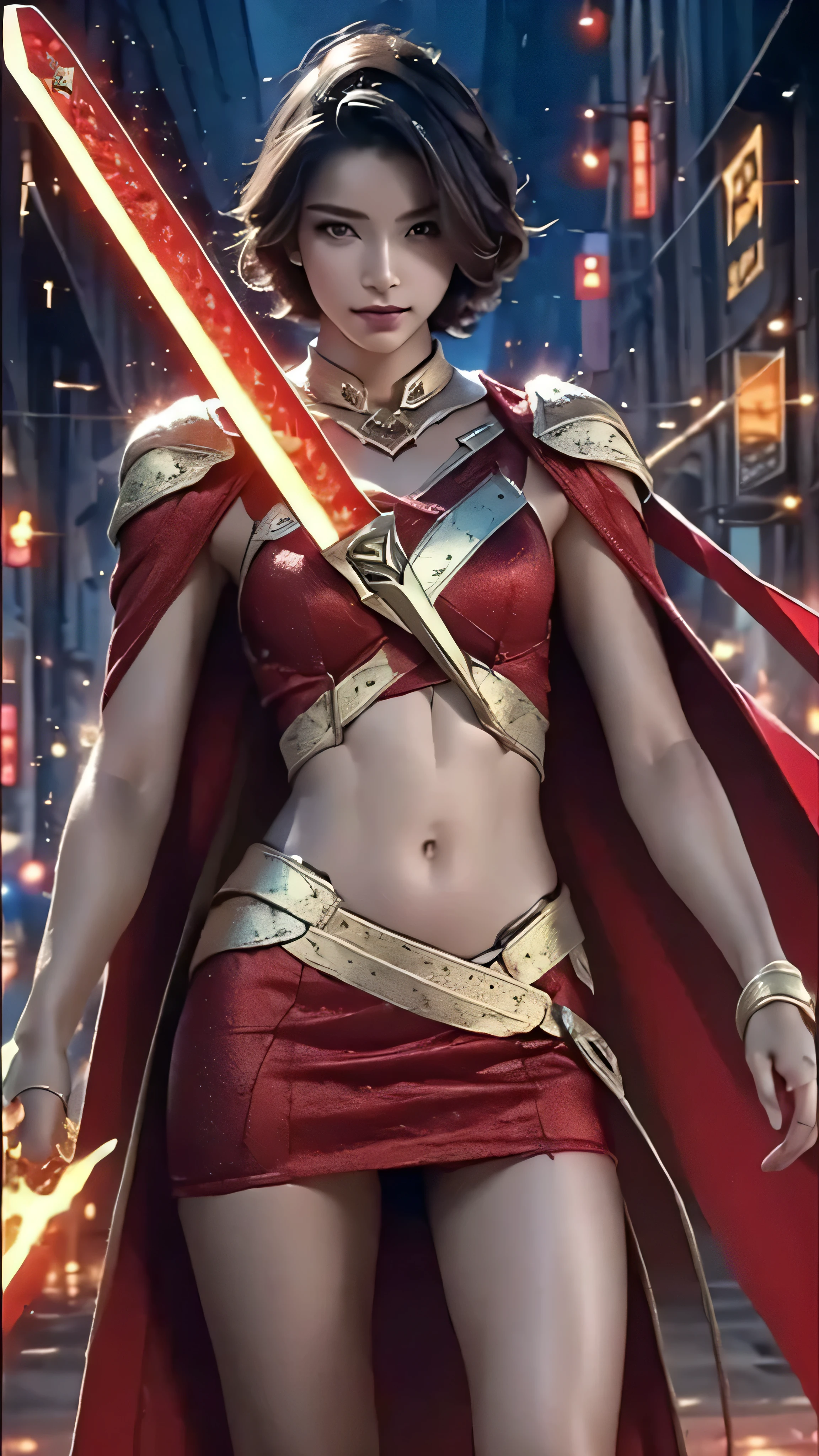 8K, Ultra Realistic CG K, Realistic:1.4, Skin Texture:1.4, Masterpiece:1.4, Beautiful woman in hero's costume standing in front of apocalyptic fire city posing behind, Female hero appears, gold short hair beauty, Glowing sword in hand, Flat stomach showing, Red mini skirt Beautiful, thin hands, cape,