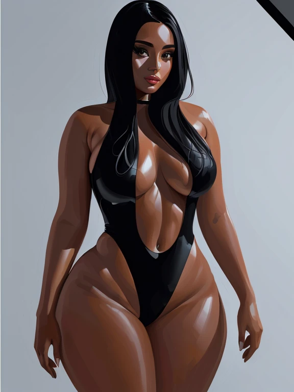 4k, there is a woman in a black swimsuit posing for a photo, in the style of digital illustration, with little detail. digital painting, thick, thick body, #1 digital painting of all time, #1 digital painting of all time, becomes a curvy physique, extremely detailed woman, commission for high resolution, low resolution, smooth. digital painting, realistic shaded perfect body