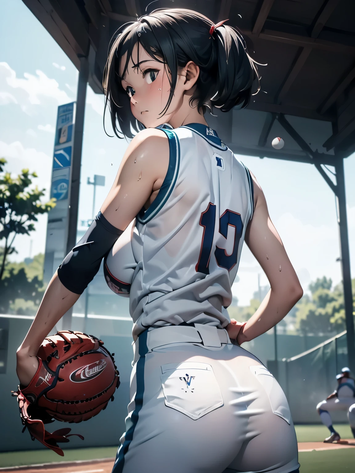 (masterpiece、highest quality、highest quality、Official Art、Beautiful and beautiful:1.2)、(One girl:1.3)Hatsune Miku、Twin tails,Big Breasts,(((masterpiece))), (((highest quality))), (((Super detailed))), (((High resolution))), ((Ultra-fine illustrations)), ((The ultimate cuteness)), Beautiful face in every detail,(Gray Hair),(short hair),Shiny Hair, ((((Improve)))), (Medium chest), (((alone))), (((Embarrassed expression))), ((baseball player)),((dunk shot)), (((Hands on the ball))), (Sleeveless baseball uniform), Knee pads, Elbow pads, ((Sweat)), ((covered in Sweat)), ((fog)), Baseball court, Lighting, ((From behind)),(((View your viewers)))