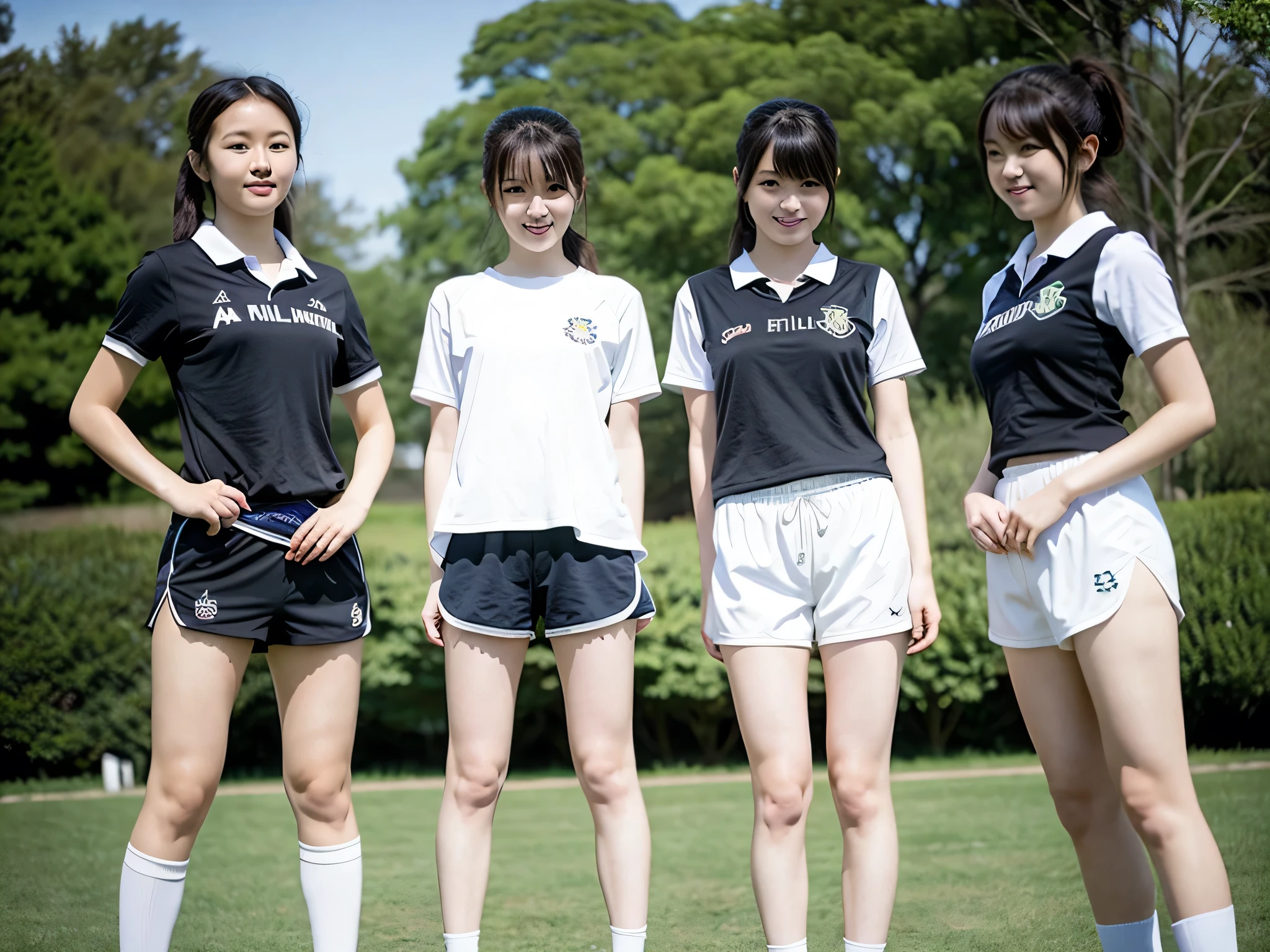 Three girls doing athletics,Wearing an athletics uniform、Play sports often、Bloomers、Compression shorts,18-year-old,bangs,A small smile,Thighs,knees,Shortcuts,Low Ponytail,From below,Front light、