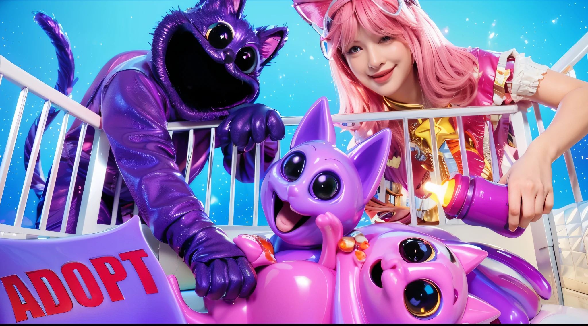 A woman with pink hair and a pink and purple outfit stands in a crib with two giant cats. The cats have big eyes and are pink and purple. The woman is holding a bottle. The background is blue. There is a sign that says \"ADOPT\" on the left. glossy texture, smooth 3d model, multiple light sources, rim light, sharp post effects render, (glossy plastic texture with multiple big light probe refractions), perfect cgi, smooth silhouette, high intensity refraction, (super glossy material), most beautiful vfx, blue background, plastic refractions, realistic, 4k, high resolution, rim light, photo shoot, commercial photo, profile shot, 4k, rim light, high resolution, 4k, glossy texture, smooth 3d model, multiple light sources, rim light, sharp post effects render, (glossy metallic texture with multiple big light probe refractions), perfect cgi, cgi art created only with gradients, smooth silhouette, high intensity refraction, (super glossy chrome material), most beautiful vfx, blue background, chrome metal refractions, multiple light sources, rim light, sharp post effects render, perfect cgi, digital art, detailed digital art, reflective, best quality, 4k, masterpiece:1.2, ultra-detailed, realistic, vivid colors, dark and moody lighting, The image of the highest quality, ensuring every detail showcased perfectly. It in 4k resolution, allowing viewers to immerse themselves in the richness of the colors and intricate details. The realistic rendering. under the spotlight, reflecting, high-resolution image, realistic rendering, dark background, and rim light photorealistic