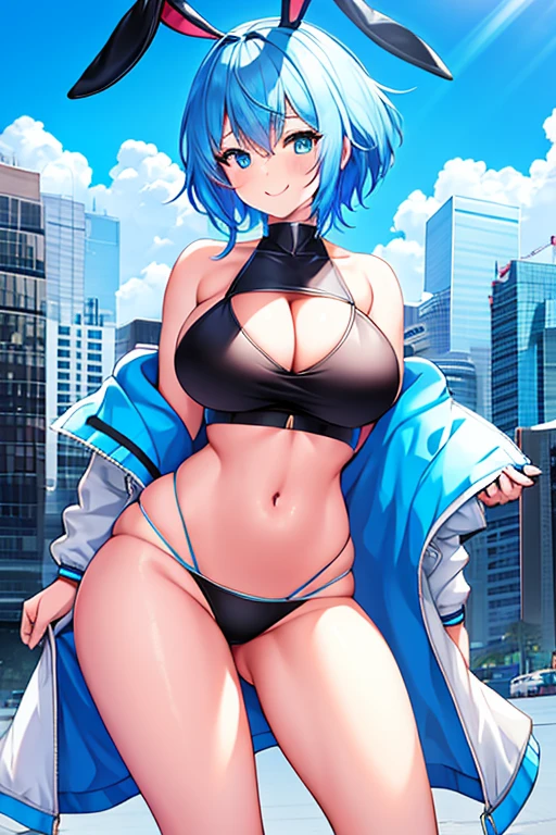 1girl, large breasts, breasts, thick thighs, hourglass figure, toned, smile, light smile, blue hair, light blue hair, blue eyes, very short hair, pixie cut, shoes, sneakers, socks, bikini, black bikini, jacket, black jacket, open jacket, neon trim, neon, neon lights, blue trim, tech, machinery, science-fiction, futuristic, bunny ears, rabbit ears, cropped jacket, ((cropped jacket))