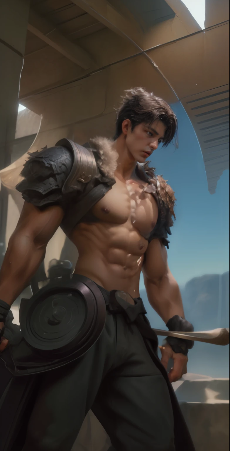 Male character, six-pack body, biceps, complete body, masterpiece, High Quality, shirtless revealing six pack,Face details, Maximum magnification ,  tele , light intricate detail , High Detail , High Detail , Digital painting , artstation , concept art , smooth focus , sharp , illustration , 8k