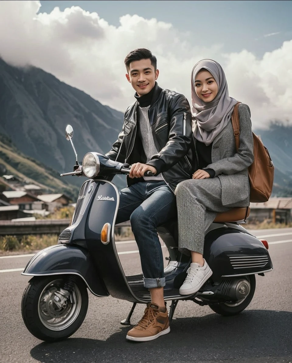 Full body, wide shoot, street photography, portrait of an asian man with short hair riding an vespa with a woman wearing hijab, they are wearing jackets, wearing a sneakers shoes, riding a vespa, couple, looking camera, smile pose, mountain background.