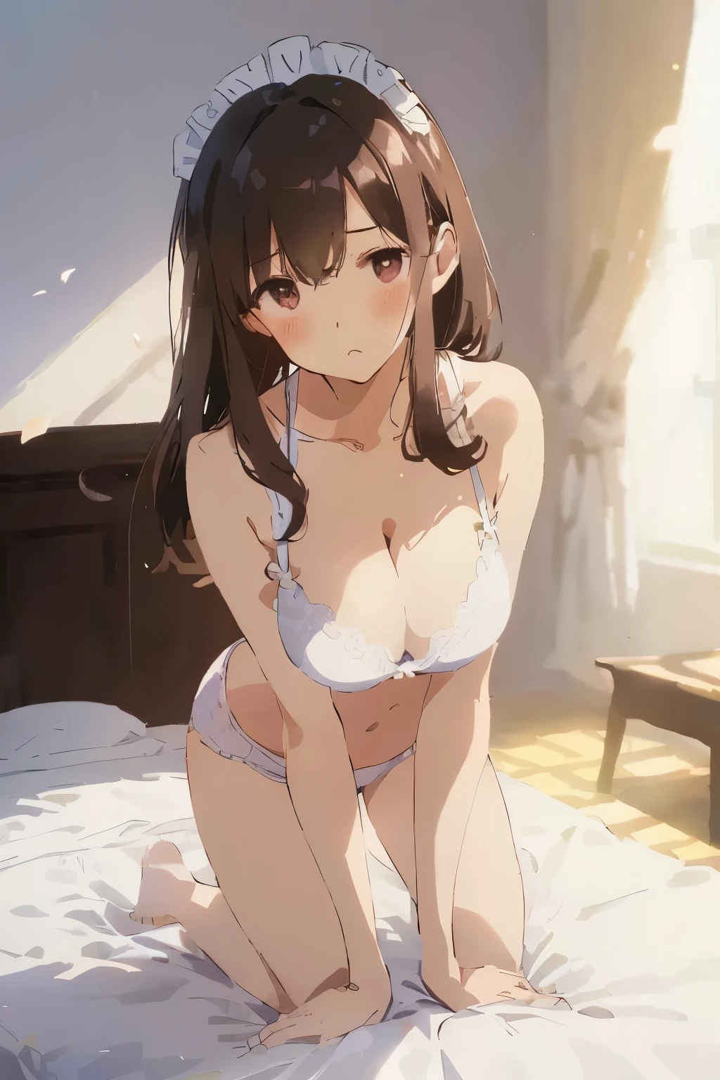 best quality, masterpiece, solo, 1 Female、Age 25、(Soft Bust:1.2)、Larger breasts、(Cleavage)、(Slender figure)、(Maid Style)、White lace underwear、Thighs、(On all fours)、from side、(White highlight in pupil:1.2)、Dark reddish brown eyes、(Black-haired:1.2)、Ponytail Hair、(View your viewers:1.2)、White skin、(blush)、(A sad expression)、Wooden bedroom、Wooden bed、(I blur the background a lot to make the woman stand out.:1.3)、(The sunlight shines in)、(Beautiful flowers in the background)