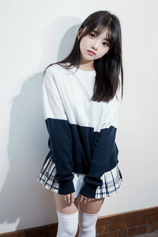 Real, Best Quality, Girl, High School Girl, High Resolution, Natural Skin, Portrait, Looking at Camera, Photo_Light, {{}}, Ulzzang-6500-v1.1:0.8 Facing forward, standing upright, no make-up, in front of an inorganic white wall indoors, , wide eyes, very short dark blue socks.