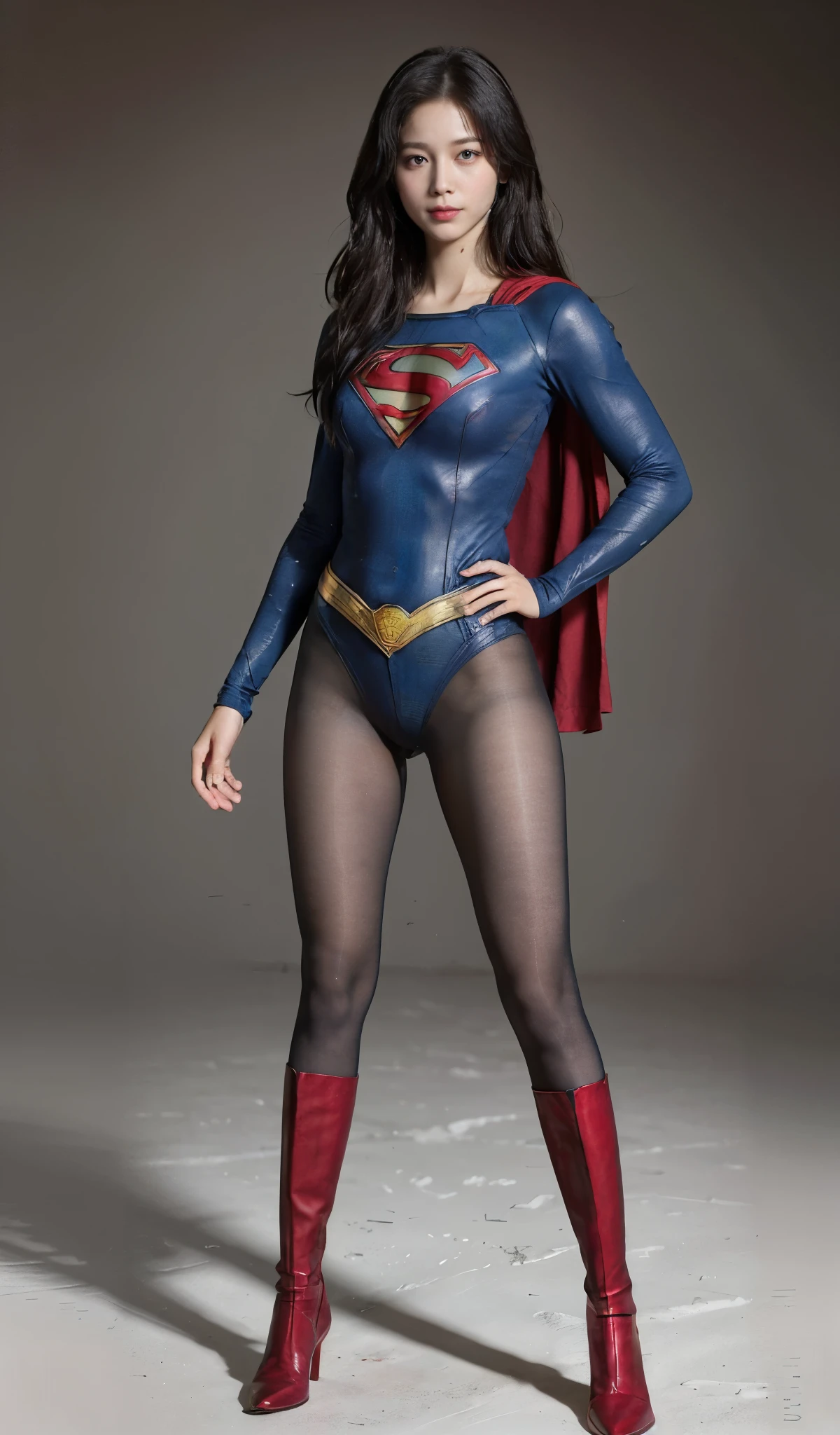 No background、(((Beautiful legs in black tights.)))、(((Legally express the beauty of your smile)))、((((Make the most of your original images)))、(((Supergirl Costume)))、(((Beautiful Hair)))、(((suffering)))、(((Please wear black tights....、Wear red boots)))、((Best image quality、8k))、((highest quality、8k、masterpiece:1.3))、(((Preserve background )))、Sharp focus:1.2、Beautiful woman with perfect figure:1.4、Slim Abs:1.2、Wet body:1.5、Highly detailed face and skin texture、8k