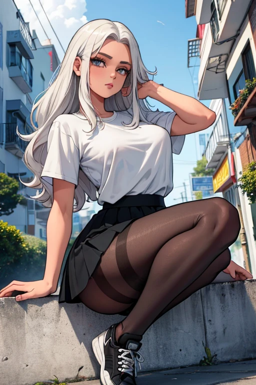 22 anos, pele branca, quase fala, cabelo branco, rosa nas pontas, cabelo extremamente longo, apertado, black pantyhose, black sneakers, cabelo branco, cabelo entre os olhos, cabelo branco, boca fechada, faixa, messy hair formal skirt model pose