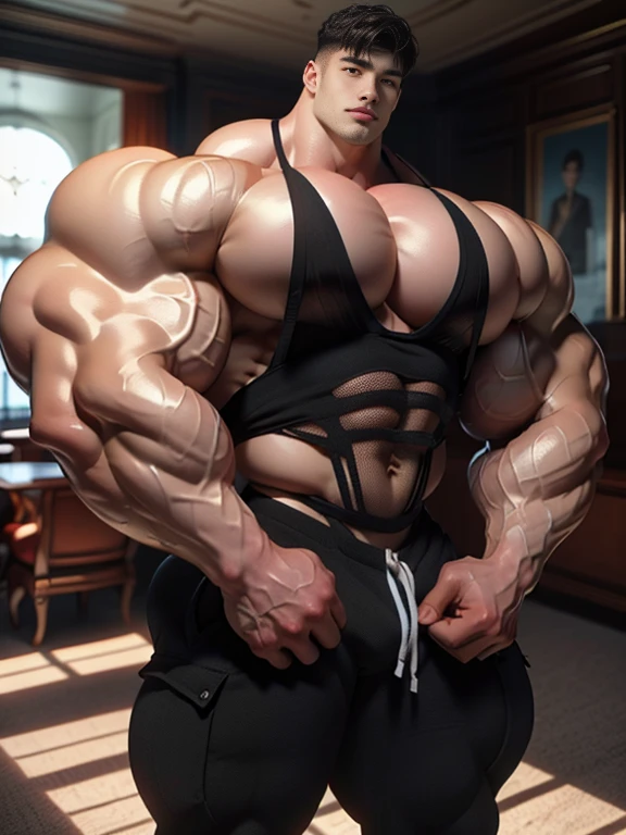 (best quality:1.5, hyperrealistic:1.5, photorealistic:1.4, madly detailed CG unity 8k wallpaper:1.5, masterpiece:1.3, enthusiastically detailed photo:1.2), (hyper-realistic lifelike texture:1.4), highly detailed, ((masterpiece, best quality)), retouched, extremely detailed 8K wallpaper, 1 korean male, (korean man with k-pop idol look), 20yo, handsome, hyper muscle, stubble, firm, wear majestic costume & pants, big guy, photo real, illuminating light, brutalmass, giant muscular bodybuilder, bulk, massive body, large size, posing, indoor, ornate sculpted interior room