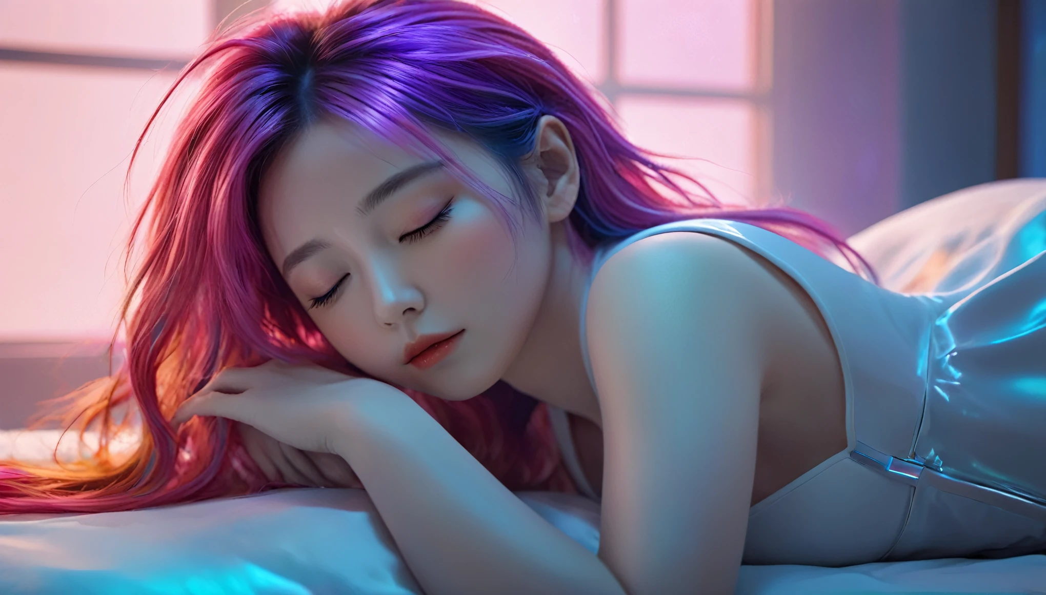 (best quality,8k,ultra-detailed:1.2),(CG,CG art,3D rendering),(masterpiece:1.2),（Crawling on the table），（Sexy clothing），(movie lighting,futuristic),(woman lying in bed,sleeping,closed eyes),(large window behind her,tranquil night),(colorful hair:1.5)