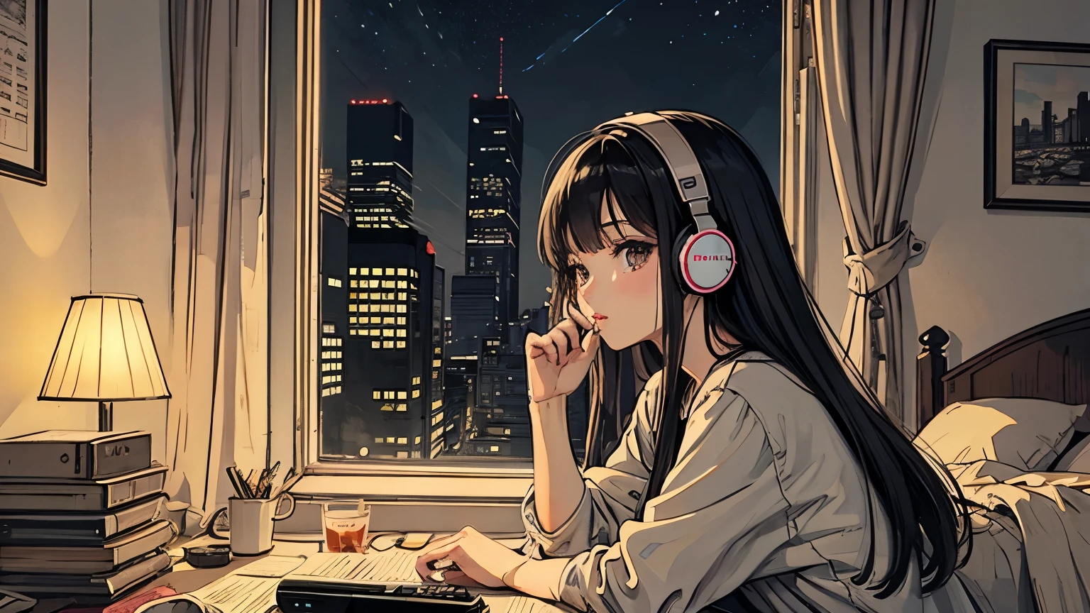 1 girl, 90s anime style, night, Studio Room, 都会のnight景、Girl wearing headphones, late night room, Listening to music alone, City Pop, high quality,  Detailed finger shapes、Natural finger shape、Lo-Fi, Chill, late night, Rooms for single people, Dark Room, futuristic night view outside the window, Dark Room