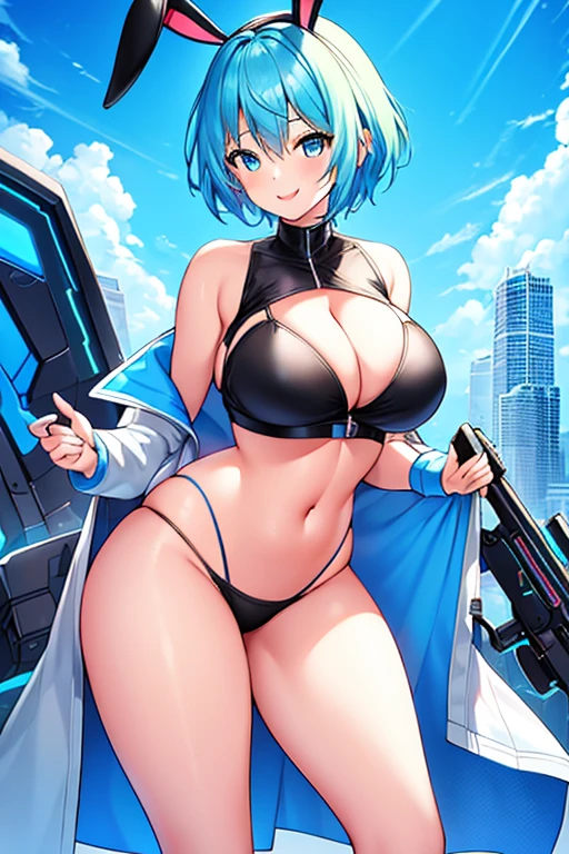 1girl, large , breasts thighs, hourglass figure, toned, smile, light smile, blue hair, light blue hair, blue eyes, very short hair, pixie cut, shoes, sneakers, socks, bikini, black bikini, jacket, black jacket, open jacket, neon trim, neon, neon lights, blue trim, tech, machinery, science-fiction, futuristic, bunny ears, rabbit ears, cropped jacket, ((cropped jacket))