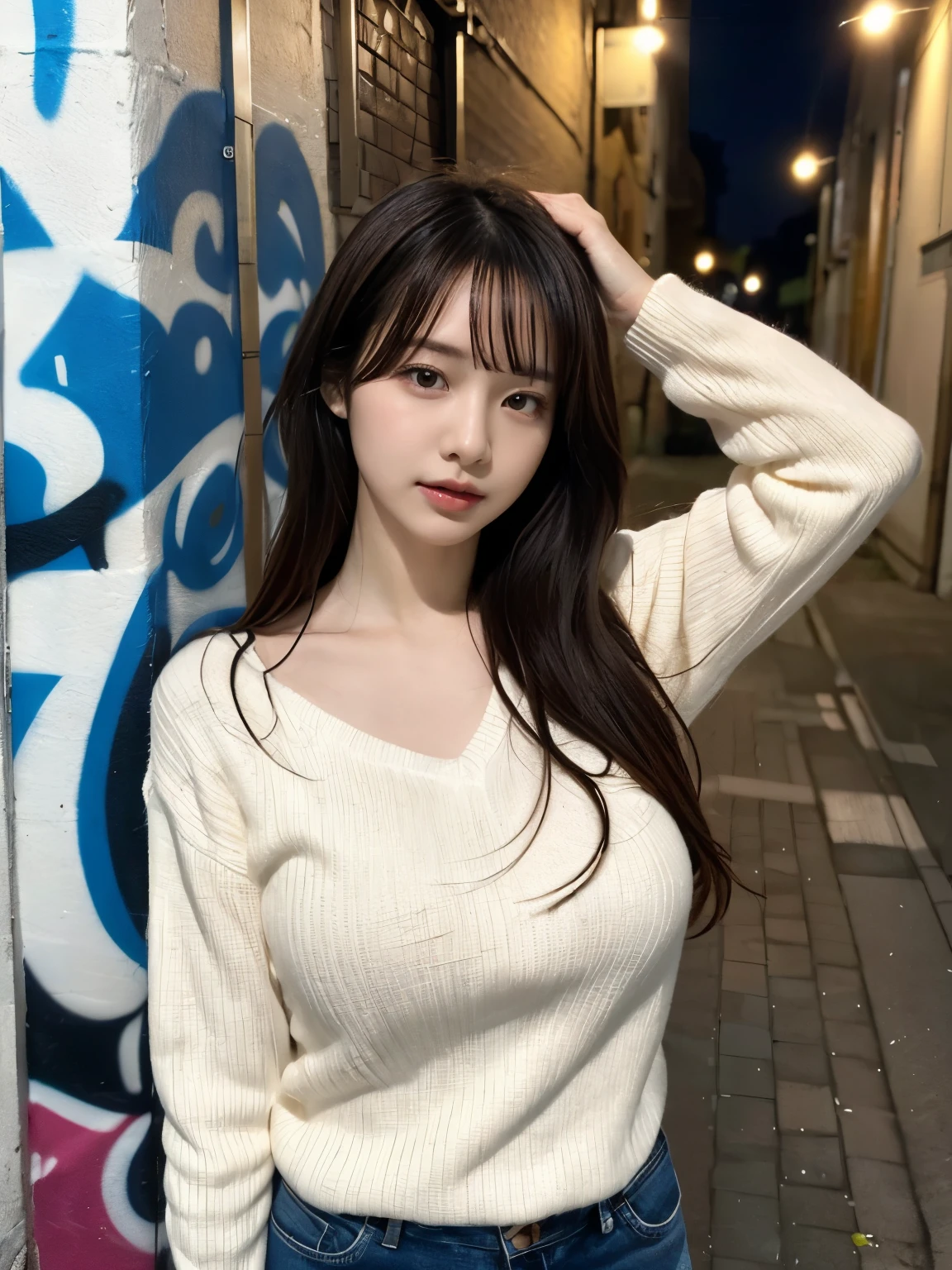 collection, highest quality, figure, Super detailed, Fine details, High resolution, 8k,wallpaper, Perfect dynamic composition,(Detailed information high quality, Realistic depiction of eyes:1.3), (Japanese girl standing in dirty back alley At night, Put your hands on your head, graffitied wall:1.1), ((White hand-knitted long sweater, V-neck sweater, Larger clothes)), Black Hair, Natural Color Lipstick, Fascinating face, Provocative expression, I cried a little、Calm gaze, Harajuku Style、(graffiti), At night, 20-year-old girl、cute、ta, Idol sculpture, Full body image、Focus on the crotch, Huge breasts