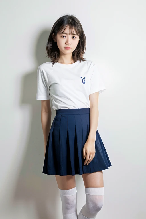 Real, Best Quality, Girl, High School Girl, High Resolution, Natural Skin, Portrait, Looking at Camera, Photo_Light, {{}}, Ulzzang-6500-v1.1:0.8 Facing forward, standing upright, no make-up, in front of an inorganic white wall indoors, summer , eyes wide, very short navy blue socks.