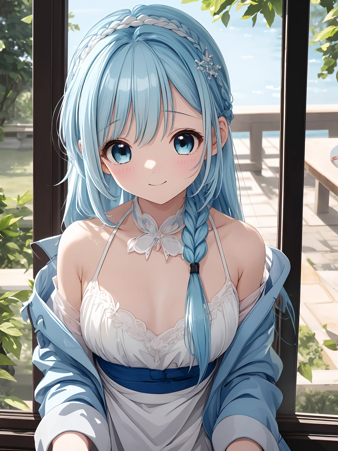 masterpiece, best quality, extremely detailed, (illustration, official art:1.1), 1 girl ,(((( light blue long hair)))), light blue hair, ,10 years old, long hair ((blush)) , cute face, big eyes, masterpiece, best quality,(((((a very delicate and beautiful girl))))),Amazing,beautiful detailed eyes,blunt bangs((((little delicate girl)))),tareme(true beautiful:1.2), young girl、smile, masterpiece, best quality, ultra high res, 8k, perfect anatomy, extremely detailed), BREAK (1girl, cute girl, shiny body, shiny skin, middle breasts), (medium hair,light blue hair, asymmetrical hair , side braid, hair, hairband, blue eyes), BREAK ((wearing cook coat of pastry chef)), (dedicated to making pastries), (white cream on face),cowboy shot, (pastry chef's kitchen), fun, smile,