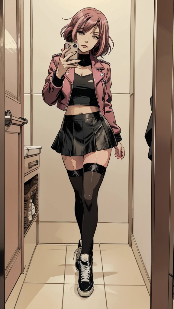 vector image:1.2, 2d cartoon,masterpiece, An anime woman, blush,colored hair, bold makeup, nylon stockings with garters:1.2, skirt, leather jacket, sporty top, horny pose:1.1, gloomy orgasm,thigh-high heels, sneakers, selfie, in restroom, full body