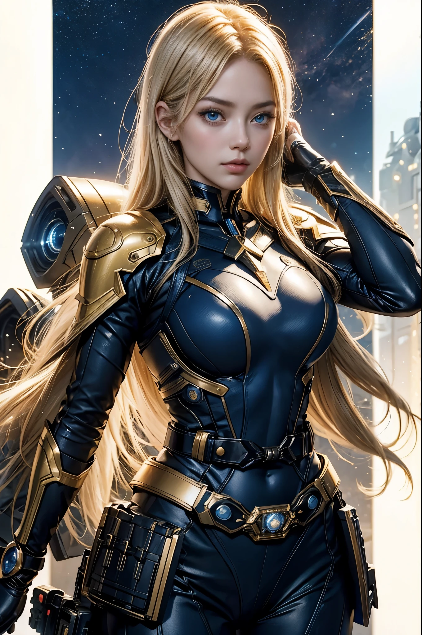 One Beautiful Woman。Blonde blue-eyed。Her hair is growing down to her shoulders.。She wears a combat uniform that fits snugly to her golden body。He has a Kamen Rider transformation belt around his waist。Huge space battleship in the background。8K image quality。