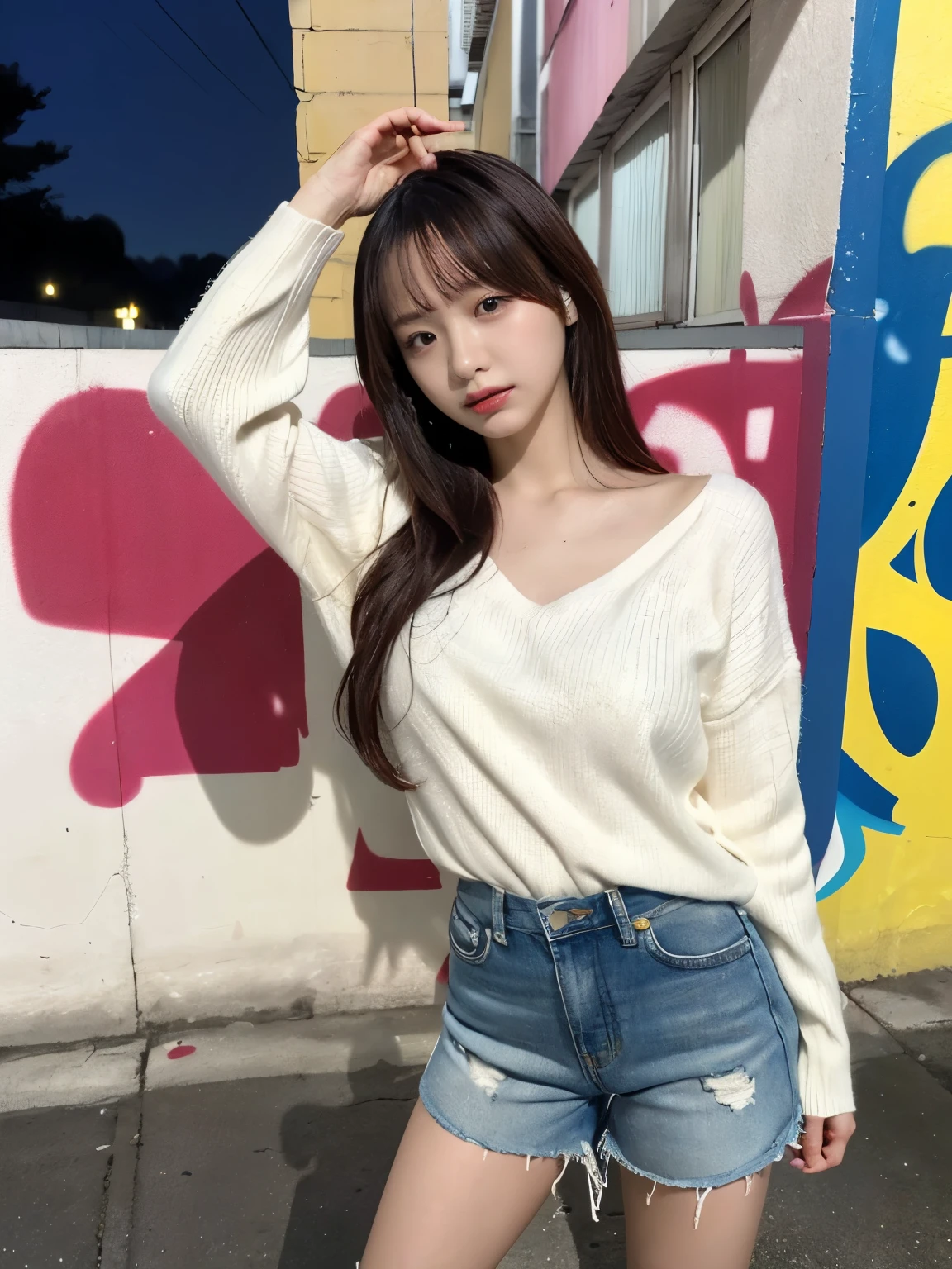 collection, highest quality, figure, Super detailed, Fine details, High resolution, 8k,wallpaper, Perfect dynamic composition,(Detailed information high quality, Realistic depiction of eyes:1.3), (Japanese girl standing in dirty back alley At night, Put your hands on your head, graffitied wall:1.1), ((White hand-knitted long sweater, V-neck sweater, Larger clothes)), Black Hair, Natural Color Lipstick, Fascinating face, Provocative expression, I cried a little、Calm gaze, Harajuku Style、(graffiti), At night, 20-year-old girl、cute、Lolita, Idol sculpture, Full body image、Focus on the crotch, Huge breasts