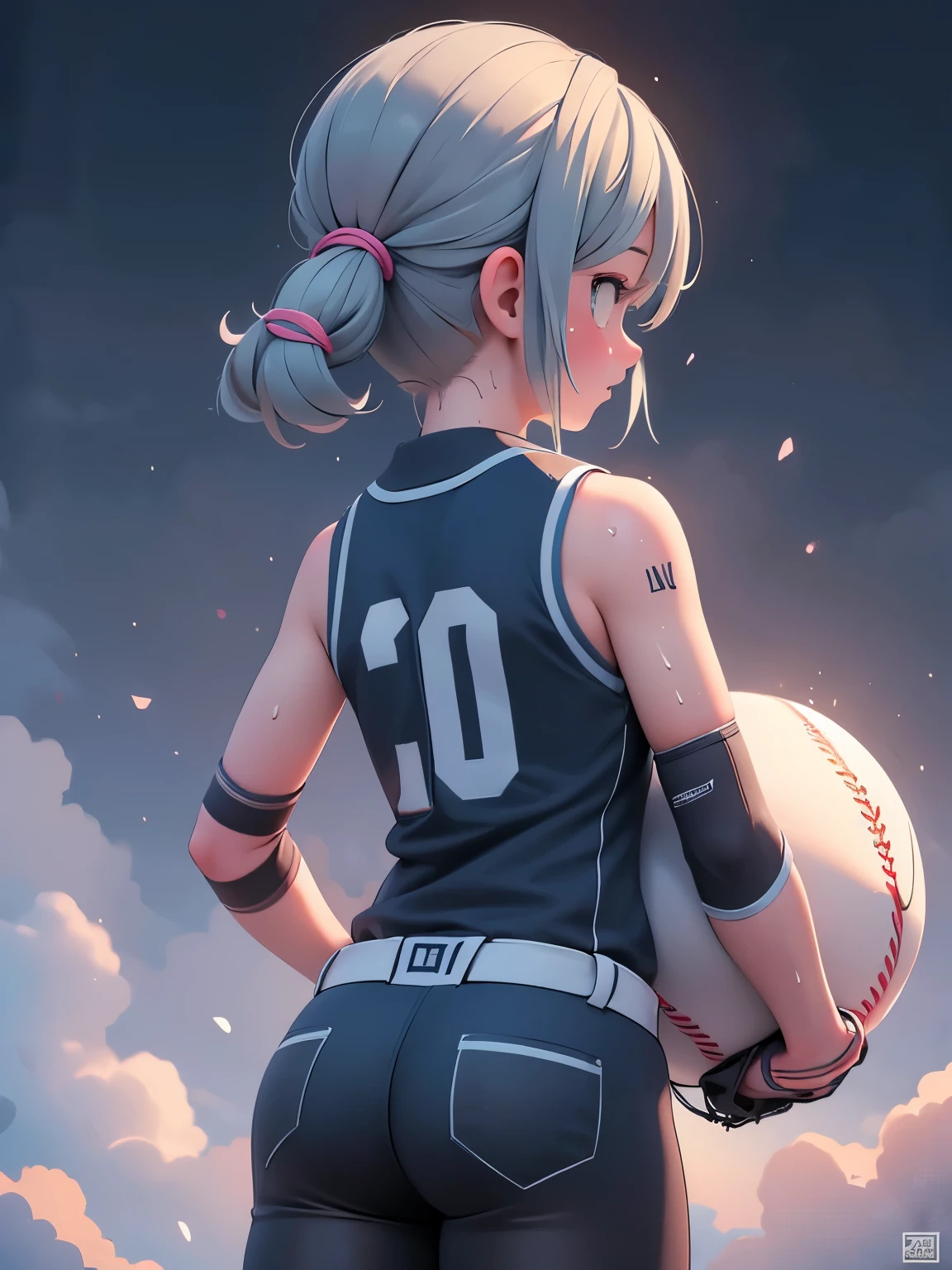 (masterpiece、highest quality、highest quality、Official Art、Beautiful and beautiful:1.2)、(One girl:1.3)Hatsune Miku、Twin tails,Big Breasts,(((masterpiece))), (((highest quality))), (((Super detailed))), (((High resolution))), ((Ultra-fine illustrations)), ((The ultimate cuteness)), Beautiful face in every detail,(Gray Hair),(short hair),Shiny Hair, ((((Improve)))), (Medium chest), (((alone))), (((Embarrassed expression))), ((baseball player)),((dunk shot)), (((Hands on the ball))), (Sleeveless baseball uniform), Knee pads, Elbow pads, ((Sweat)), ((covered in Sweat)), ((fog)), Baseball court, Lighting, ((From behind)),(((View your viewers)))