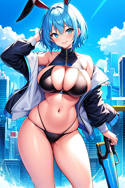 1girl, large breasts, breasts, thick thighs, hourglass figure, toned, smile, light smile, blue hair, light blue hair, blue eyes, very short hair, pixie cut, shoes, sneakers, socks, bikini, black bikini, jacket, black jacket, open jacket, neon trim, neon, neon lights, blue trim, tech, machinery, science-fiction, futuristic, bunny ears, rabbit ears, cropped jacket, ((cropped jacket)), highleg, highleg bikini