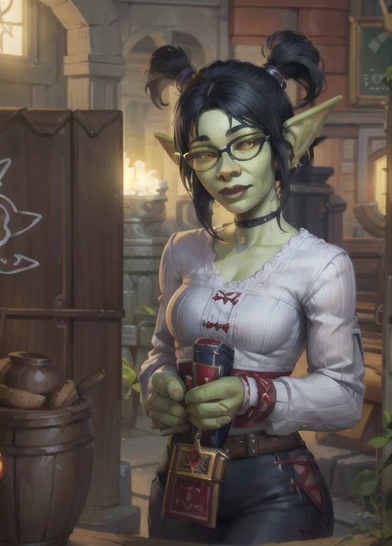 1girl, portrait of shewowgob engineer, green skin, white shirt, choker, glasses, red lips, shortstack, glowing yellow eyes, black hair, twintails, fantasy magic school indoors, volumetric lighting, best quality, masterpiece, intricate details, realistic  lora:sxz-goblins-v2:0.8