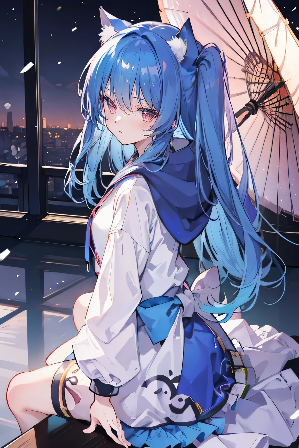 (masterpiece:1.2),Super detailed,lifelike,Expressive eyes,fair skin,perfect face shape,1 girl,
Japanese comics,Gorgeous blue hair,flowing blue hair,flowing clothes,Cat ears,Petals fall,beautiful lola,Baby Angel,
Shaking head with one hand,Cross your legs,Gentle and peaceful background,The pavilion is cool and comfortable,smile, wearing hoodie, background of tokyo,back views,snowing, winter.