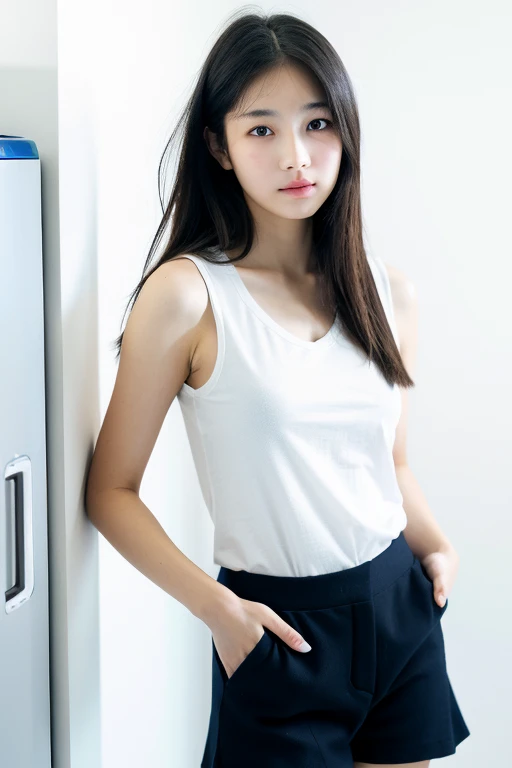Real, Best Quality, Girl, High School Girl, High Resolution, Natural Skin, Portrait, Looking at Camera, Photo_Light, {{}}, Ulzzang-6500-v1.1:0.8 Facing forward, standing upright, no makeup, in front of a plain white wall in the room, fitted sleeveless white V-neck T-shirt, eyes wide, very short dark blue socks.