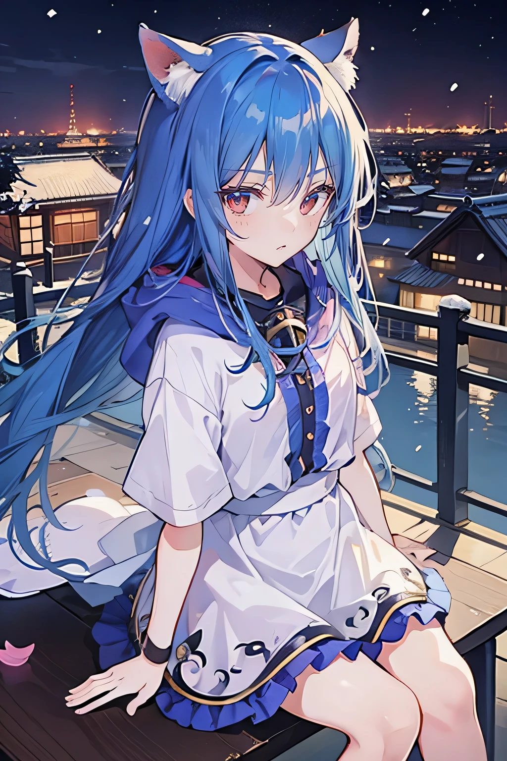 (masterpiece:1.2),Super detailed,lifelike,Expressive eyes,fair skin,perfect face shape,1 girl,
Japanese comics,Gorgeous blue hair,flowing blue hair,flowing clothes,Cat ears,Petals fall,beautiful lola,Baby Angel,
Shaking head with one hand,Cross your legs,Gentle and peaceful background,The pavilion is cool and comfortable,smile, wearing hoodie, background of tokyo,back views,snowing, winter.