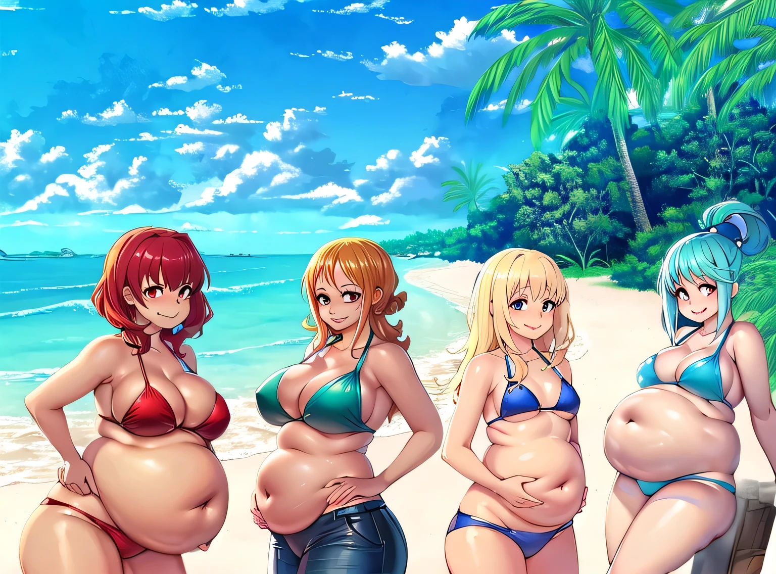 three women in bikinis standing sur la plage next to the ocean, Style Anime Ecchi, proportions d&#39;oppai, On a sunny beach, Realistic bikini, to the beach, style ecchi, ecchi, dans la plage, standing near the beach, sur la plage, mignonsexyrobutts, sur une plage, anime girls, son ventre est gros et rond