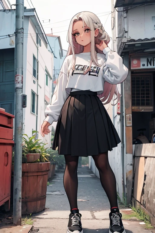 22 anos, pele branca, quase fala, cabelo branco, rosa nas pontas, cabelo extremamente longo, apertado, black pantyhose, black sneakers, cabelo branco, cabelo entre os olhos, cabelo branco, boca fechada, faixa, messy hair big formal skirt