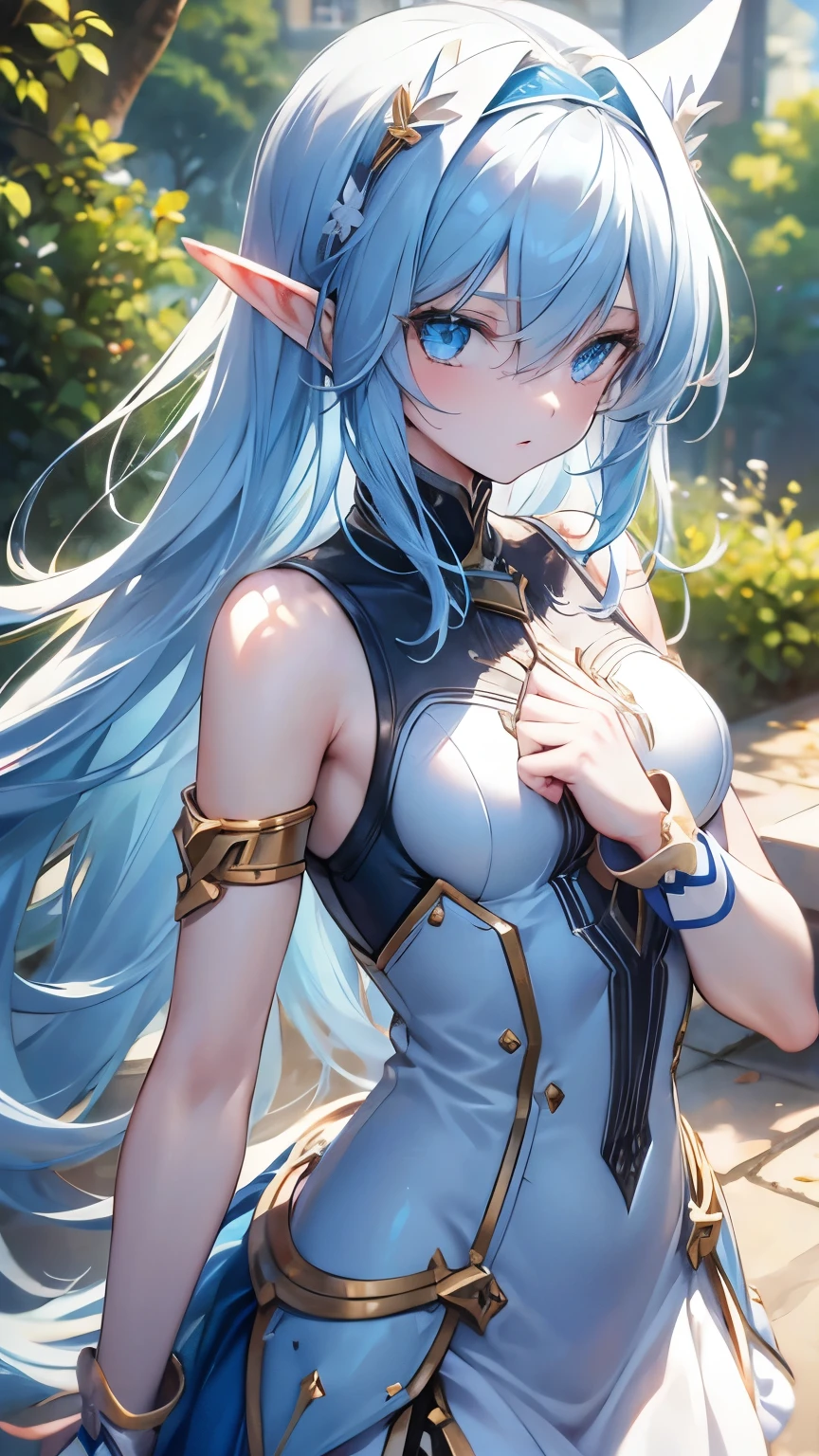 ((light blue hair)), highly detailed face and eyes, (medium hair), jewelry, yellow hairband, long pointy ears, anime, masterpiece, textured skin, (super detail), award winning, (best quality), elf, in forest, Sunbeams filtering through the trees, (blue tank top), whole body, beautiful legs, eyeball, tsurime, blue eyes