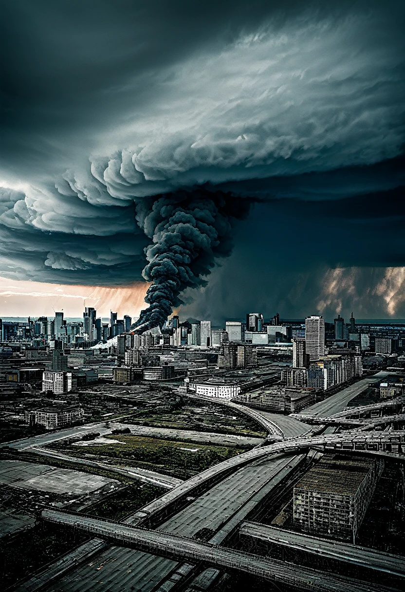 gray colors, sad, tsunami, smoke coming out of the fukushima power plant, people running away in despair, ruins and destruction, splash paint, morning light, clouds wet to wet techniques