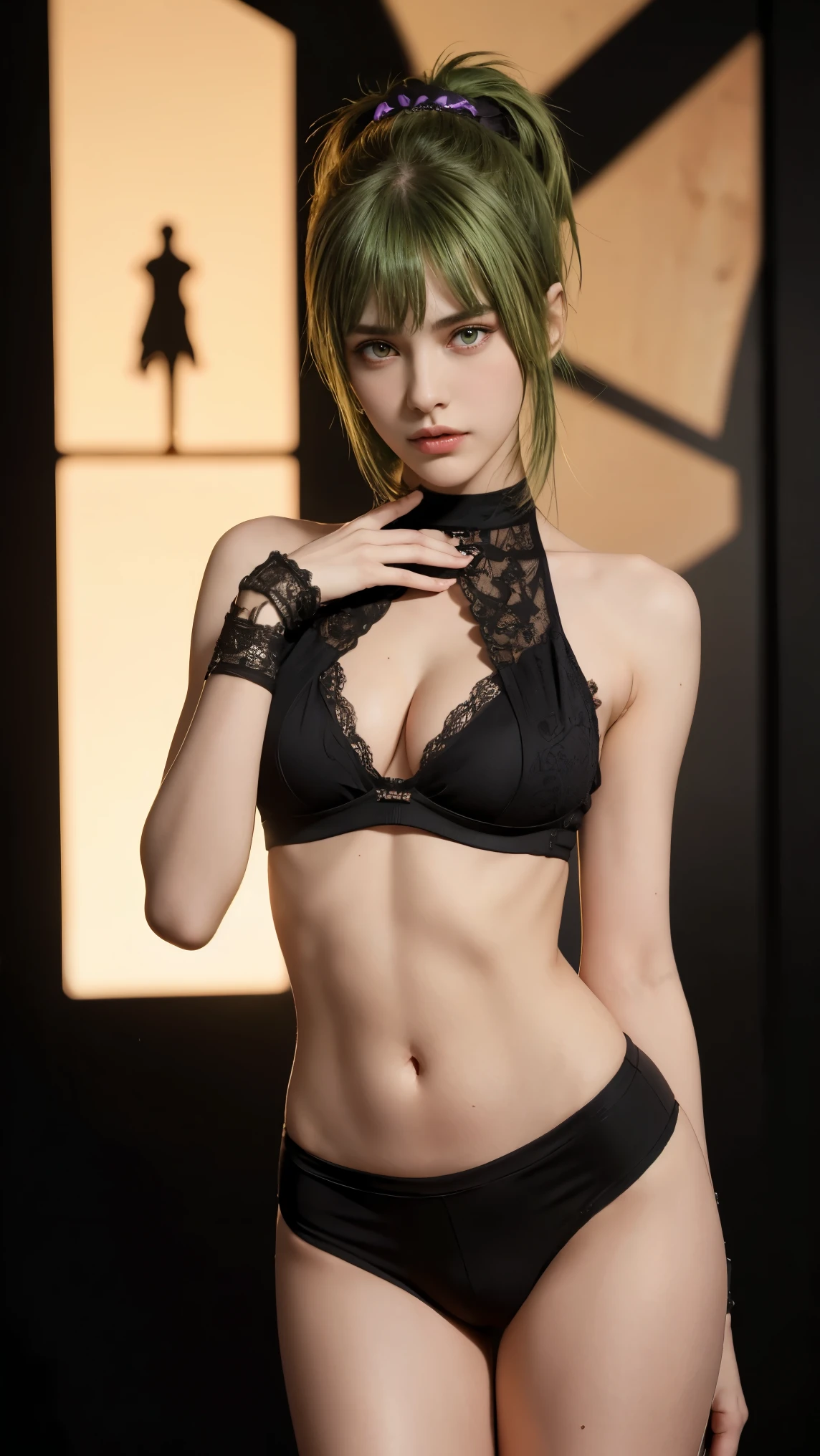 K, Top Quality, Intricate Details, Ultra Detail, Ultra High Resolution, Masterpiece, close up shot, (full body: 1.1), Slender, Smile, (Makeup: 0.4), (Fluffy purple Eyes: 1.21), (()), 1girl, solo, 1 girl, ((green hair, bangs, high ponytail)), close up shot, , ((tall)), (((fit body))), (((slim face))), sharp face, (()) (detailed face), sharp face, small lips, , , ((,, )), , ((black short, black crop top,)), detailed face, detailed breast, , ((large breast, huge breast)), detail ass, Narrow Waist, Skinny, tall , 190 cm tall, Muscular, Navel, Exposed Abdomen, Pointed Chest,, Beautiful girl with accentuated slender abs: 1.4, Six Pack Abs: 1.4, Bust Botox, Big, Perfect Body, detail leg, (( dark background)), black background,