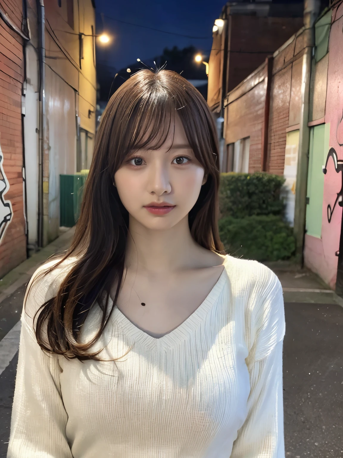 collection, highest quality, figure, Super detailed, Fine details, High resolution, 8k,wallpaper, Perfect dynamic composition,(Detailed information high quality, Realistic depiction of eyes:1.3),  (Japanese girl standing in dirty back alley At night, Put your hands on your head, graffitied wall:1.1), ((White hand-knitted long sweater, V-neck sweater, Larger clothes)), Black Hair, Natural Color Lipstick,  Fascinating face, Provocative expression, I cried a little、Calm gaze, Harajuku Style、(graffiti), At night, 20-year-old girl、cute、Lolita, Idol sculpture, Full body image、Focus on the crotch, Huge breasts