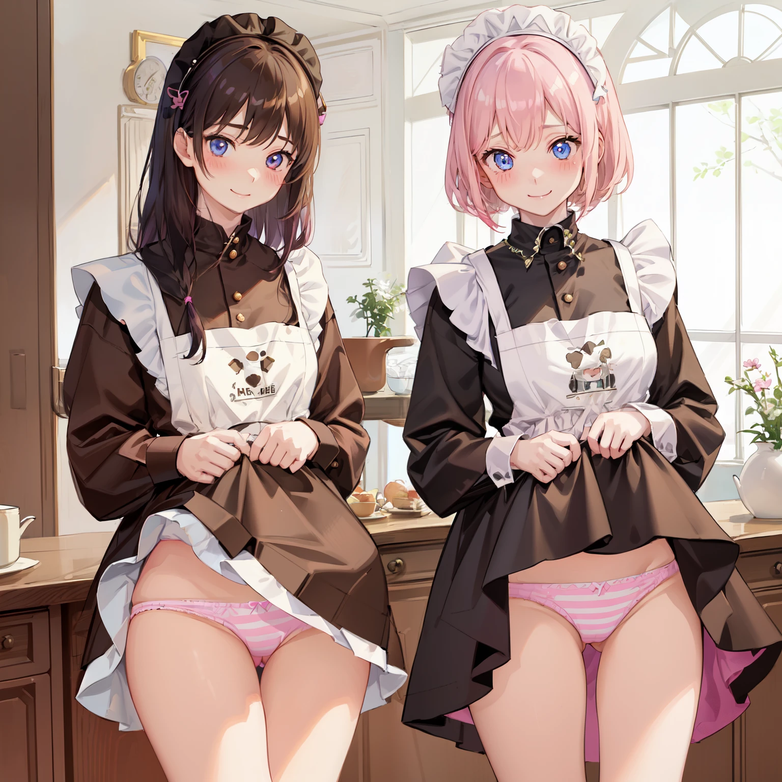highest quality、masterpiece、((2 girls:1.mile:1.3))、(blush:1.3)、Black Shirt、blouse、((fun!!))、(Small breastsonde、(Long sleeve)、((White apron:1.5))、((Maid))、((hair ornaments)),、Kamimei、look at me、 ((in house:1.5))、 Taking a break from watching the audience、Cowboy Shot、(Skirt lift:1.3),(Highly detailed pink striped panties:1.3)、(detailed panties:1.3)、、(スカート tls up:1.3)、(Panties fully exposed:1.5)、Lue eyes、long hair、Glowing Eyes
