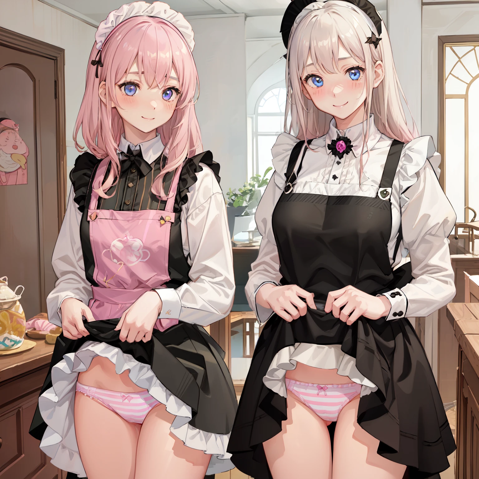 highest quality、masterpiece、((2 girls:1.5))、((smile:1.3))、(blush:1.3)、Black Shirt、blouse、((fun!!))、(Small breasts)、()、Blonde、(Long sleeve)、((White apron:1.5))、((Maid))、((hair ornaments)),、Kamimei、look at me、 ((in house:1.5))、 Taking a break from watching the audience、Cowboy Shot、(Skirt lift:1.3),(Highly detailed pink striped panties:1.3)、(Highly detailed panties:1.3)、、(スカート that rolls up:1.3)、(Panties fully exposed:1.5)、Light blue eyes、long hair、Glowing Eyes
