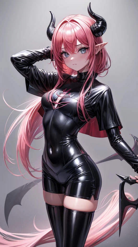 1girl, Demon girl, sharp focus, (Pele rosa:1.3), Corpo Perfeito, (olhos cor-de-rosa:1.2), (cabelo preto curto:1.3), (black demon horns:1.2), orelhas pontudas, vestido, (black latex shirt:1.2), (Black latex shorts:1.2), clivagem, (seios grandes:1.2), coxas grossas, Camelo, suar, Sucos, DSLR, alta qualidade, (8k, Foto RAW, best quality, master part:1.2),ultra-detalhado, (fundo do quarto:1.2)