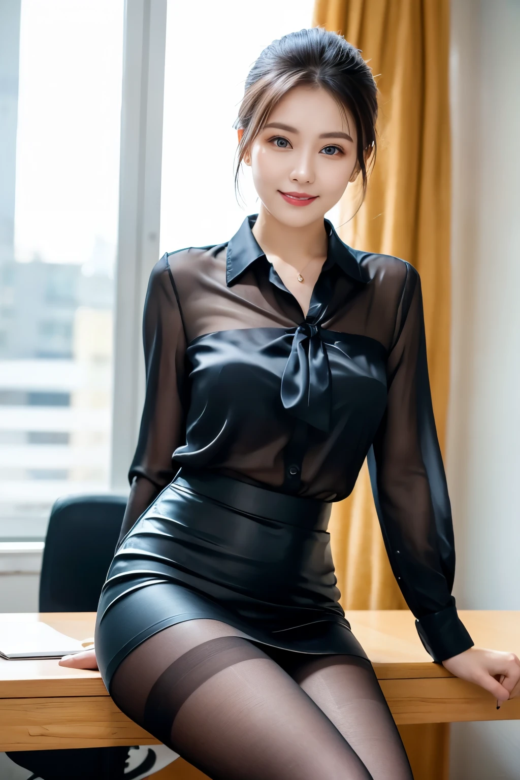 ulzzang-6500-v1.1, (RAW Photos:1.2), (Photorealistic), (See-through:1.3), (Genuine:1.4), 1Girl with glasses、22 years old, Blue Eyes of the Sea(Eye details), A shy smile、(I wear my hair up and tied up)、(Elegant silk blouse:1.3), (Ultra-realistic pantyhose:1.2), (flare skirt:1.2), sit in an office and work at a desk、Realistic skin texture、Glowing Skin、Exposed thighs!!! , Makeup、