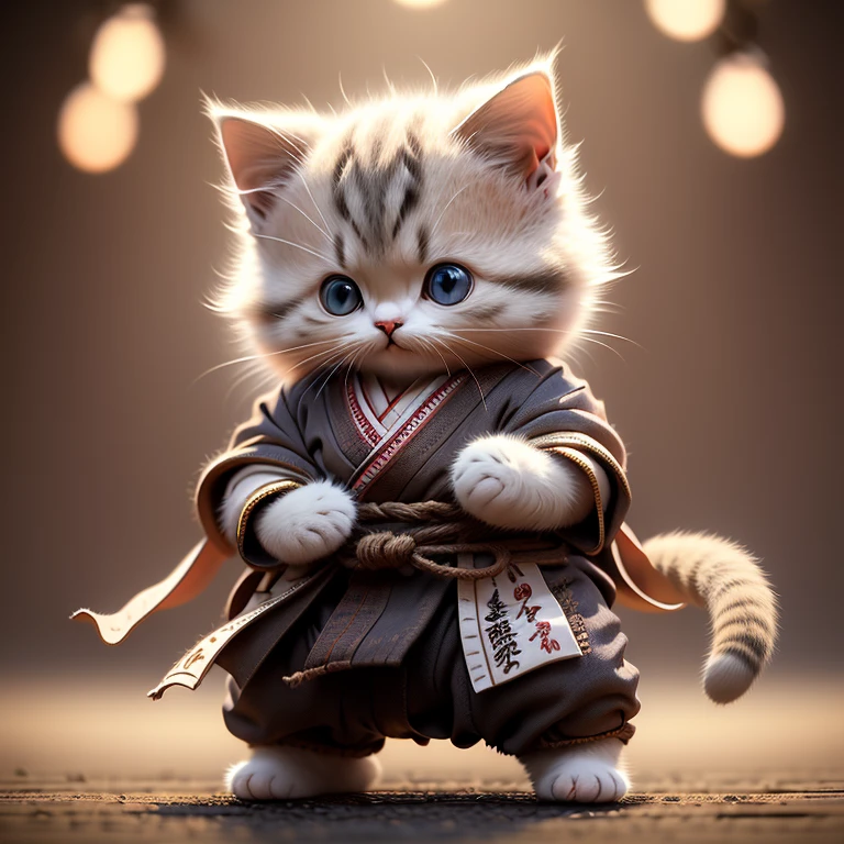 highest quality,Very detailed,Realistic,photoRealistic:1.37),Wearing a white karate kimono、毛むくじゃらのCat,Adorable,soft,fuzzy,Playful,Expressive blue eyes,small, rounded body,Small feet、He is doing a straight punch with his hand extended.,Vibrant colors,Warm lighting,、Cat、Are standing、