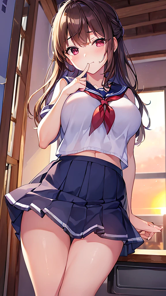 (best quality、8K、32k、masterpiece、north african trade zone、ultra high resolution、Impressionism、Photo realism:1.2)、big breasts、Cowboy shooting, Detailed face and eyes、 inside the classroom、School、Sunset、pretty face、blurred background、 beautiful girl、shiny skin、Hair raised halfway up、beautiful brown hair、dull bangs、brown eyes、(close one eye、Place your index finger to your mouth:1.2)、Sailor suit、pleated mini skirt、curve、(lift up skirt、i can see your pants:1.2)、thigh thigh thigh、(Navel exposed:0.4)、dynamic poses