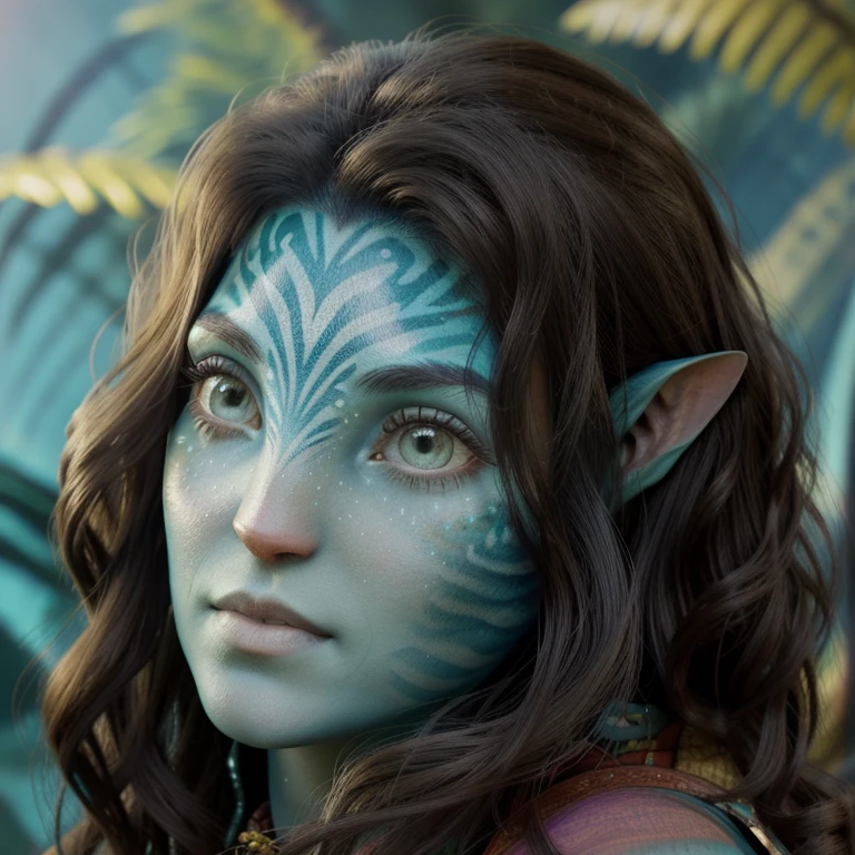 avatar style, (face portrait:1.6), naavi, 1girl, female, (green eyes), (big eyes), ((eyebrowless)), pointy ears, (turquoise skin tone:1.0), (straight hair:1.0), brown hair color, ((long hair)), (young adult), 18 years old, face wrinkles, wearing colorful tribal clothing, (wearing tribal acessories), detailed eyes, toned body, muscled body, vibrant colors, glowing, ethereal atmosphere, surrealistic dreamy lighting, textured skin, otherworldly beauty, mesmerizing photography, (best quality, highres), vivid colors, ultrarealistic, skin details, striped skin, sfw, face close-up:0.5, ultradetailed body, ((turquoise skin)), AvTsireya, IsabelaMerced