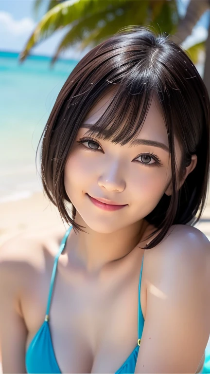 8k、highest quality、Upper Body:1.5、Very detailed、High resolution、8k、Front angle、Small breasts、Thin lips、Detailed face、Cute Smile、Cute Japanese Woman、Cute 24 year old beauty、Beautiful and elegant face、Cute face、Natural Bangs、Arched eyebrows、Groomed eyebrows、(Large, balanced eyes)、Cute eyes、Beautiful Eyes、Beautiful thin nose、Beautiful face line、Beautiful Skin、Medium Bob Hair、Natural Bangs、Slim face、Slim figure、(A kind smileでカメラを見て)、Lighting the face、Bright lighting、Professional Lighting、Forward lighting、A kind smile、Walking pose、(Wearing a micro bikini)、Beautiful cleavage、Wet Hair、Wet Skin、Swimsuit like underwear、Beautiful legs、Smooth skin、Slim and beautiful thighicro bikini))、Summer Morning、Beautiful white sand beach on a southern island、Tropical Beach、(Lighting the face)、