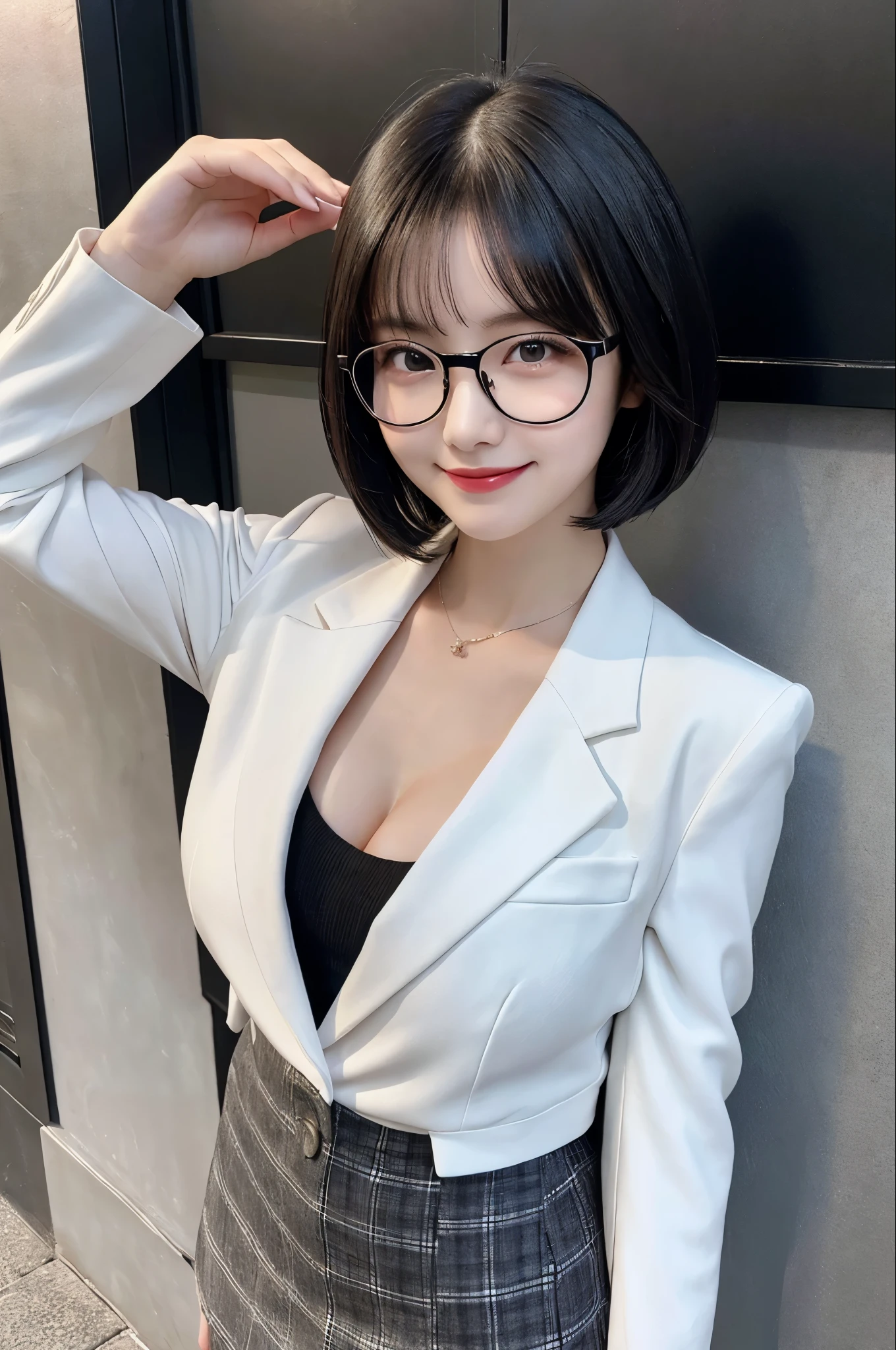 Glasses beauty、Intelligent beauty、short hair、Black Hair、Jacket、Dark grey suit、White short skirt、Cleavage(Very large breasts、Very thin and long legs、Perfect figure、High heels、whole body、smile)、1 female、No makeup、22 years old、(masterpiece、8K,RAW Photos、High resolution:1.4)