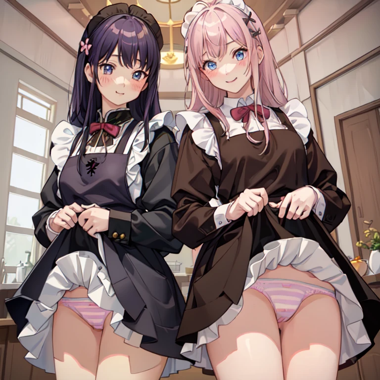 highest quality、masterpiece、((2 girls:1.5))、((smile:1.3))、(blush:1.3)、Black Shirt、blouse、((fun!!))、(Small breasts)、()、Blonde、(Long sleeve)、((White apron:1.5))、((Maid))、((hair ornaments)),、Kamimei、look at me、 ((in house:1.5))、 Taking a break from watching the audience、Cowboy Shot、(Skirt lift:1.3),(Highly detailed pink striped panties:1.3)、(Highly detailed panties:1.3)、、(スカート that rolls up:1.3)、(Panties fully exposed:1.5)、Light blue eyes、long hair、Glowing Eyes
